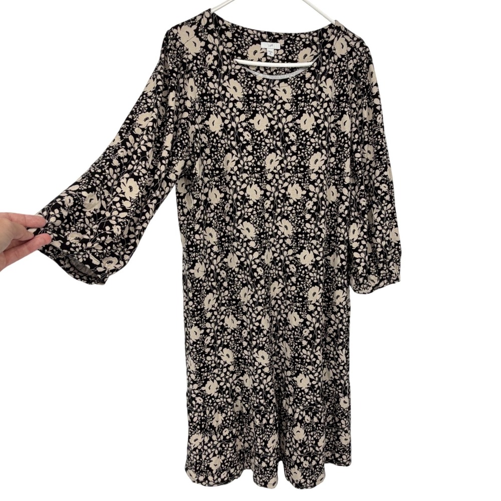 J Jill XL Tall Dress Black Beige Floral Rayon Stretch Ruffle Hem 3/4 Sleeve
